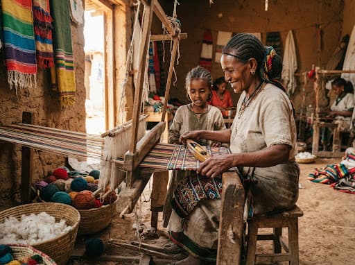 An Ethiopian mother and daughter weaving vibrant fabrics on a traditional wooden loom
